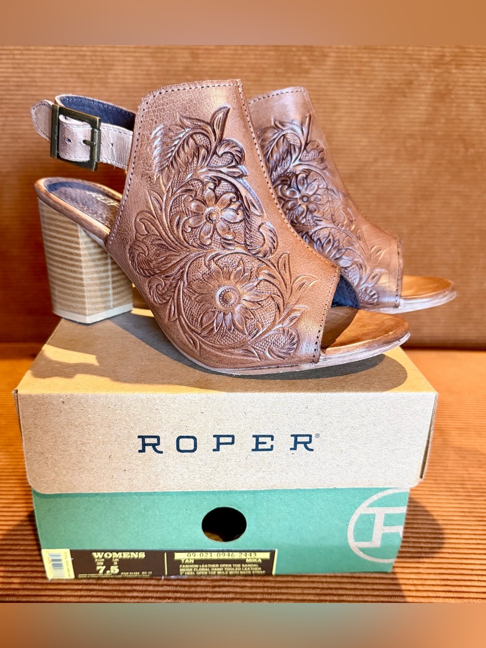 Roper Women's Brown Floral Tooled Open-Toe Slingback Heels